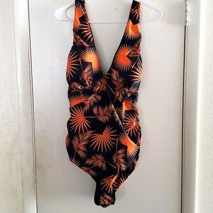 W You Di An Black with Orange Tropical Leaf Print Tummy Control Swimsuit SZ 4XL
